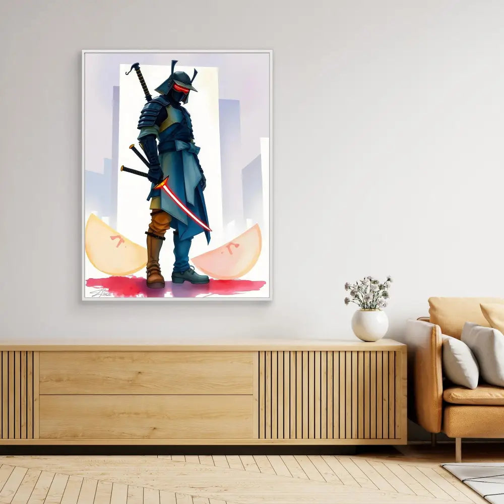 A framed artistic print of a samurai warrior with multiple swords mounted on a wall.