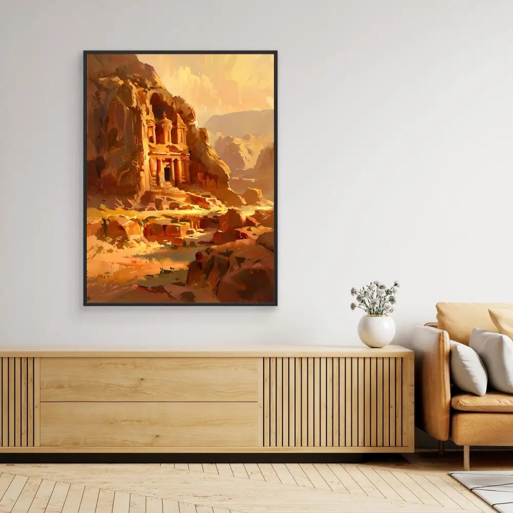 Framed artwork depicting an ancient desert temple carved into golden-hued cliffs.