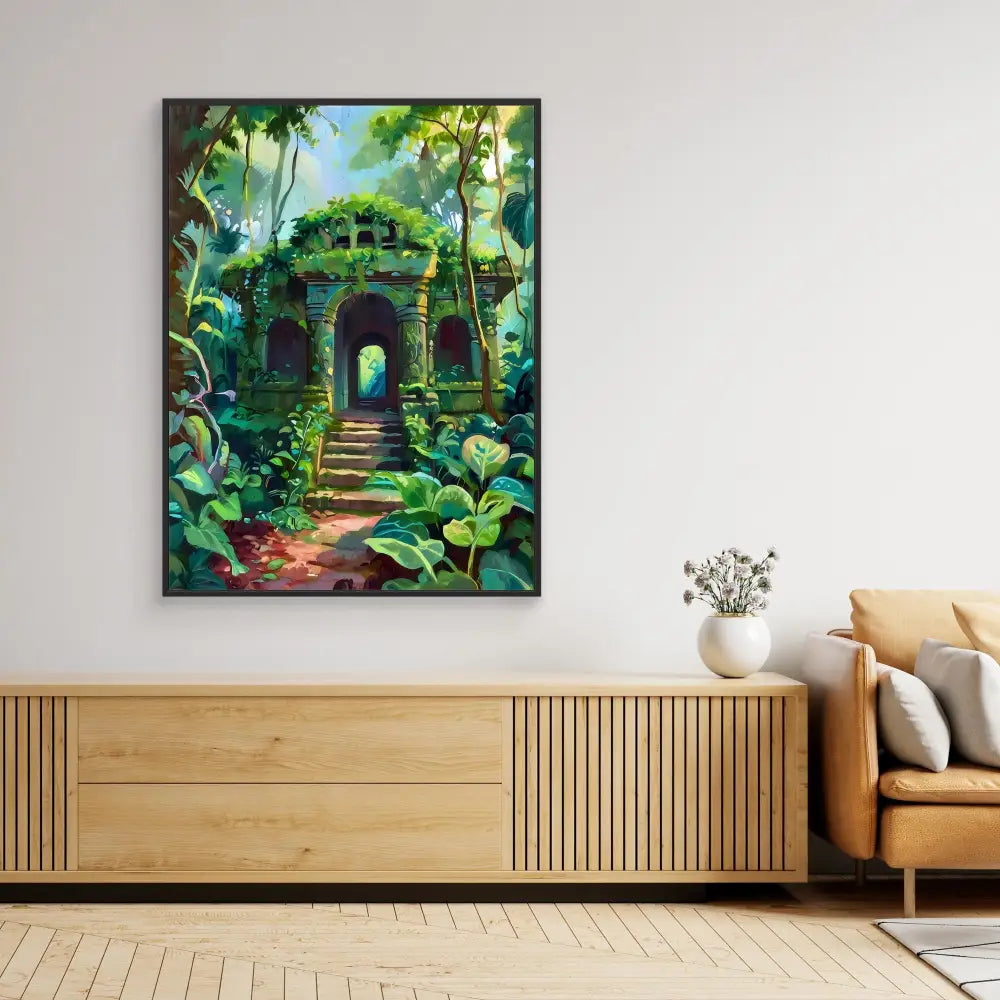 A framed artwork depicting ancient stone ruins covered in lush green vegetation.