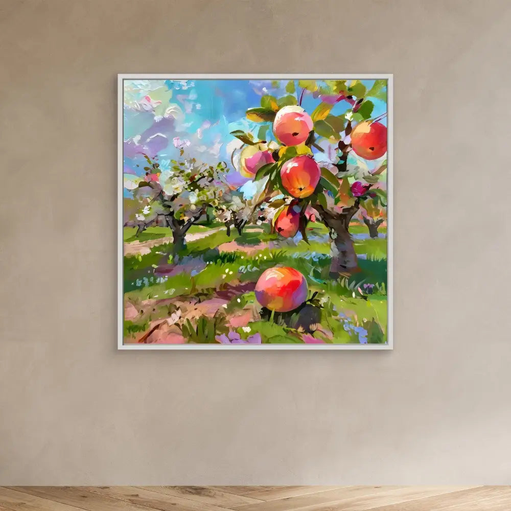 Framed artwork depicting an apple orchard with ripe red apples on the trees.