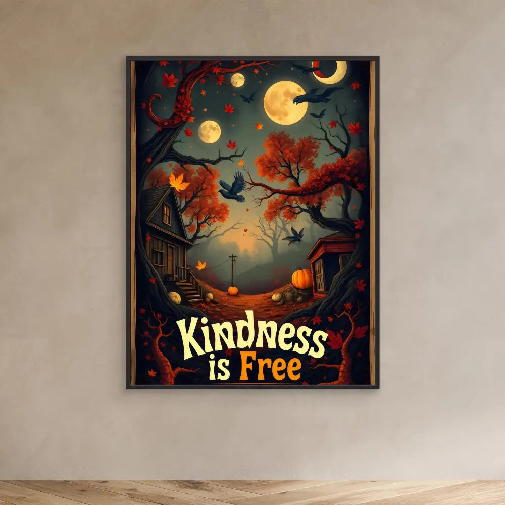 A framed artwork featuring an autumn night scene with red trees, moons, and text reading ’Kindness is Free’