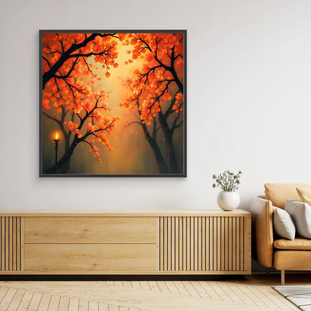 A framed artwork depicting autumn trees with orange leaves against a misty sunset.