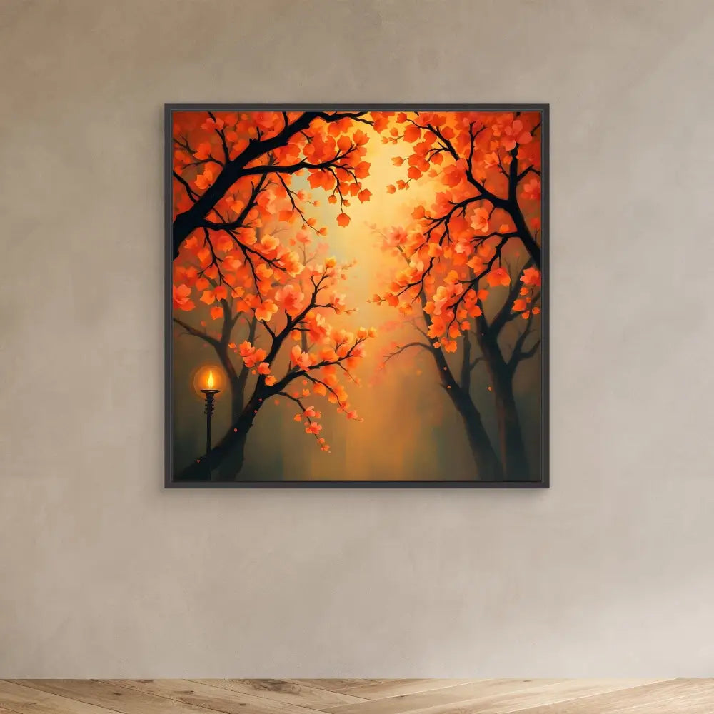 Framed artwork depicting autumn trees with orange leaves and a glowing lamppost.