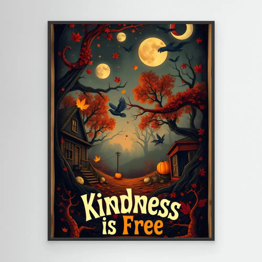 A framed artwork featuring autumn trees, pumpkins, flying birds, and the text ’Kindness is Free’ in a Halloween-inspired setting.