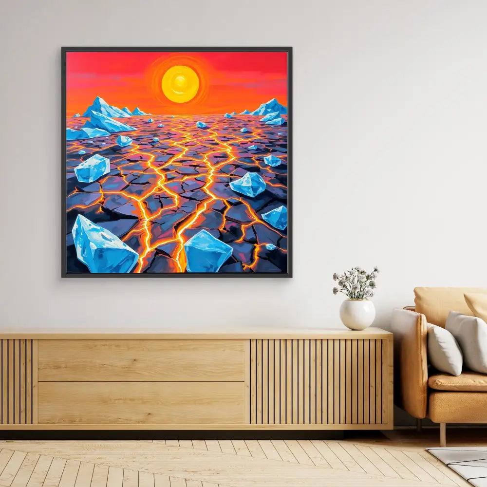 Framed artwork depicting blue icebergs floating on glowing orange lava under a red sunset sky.