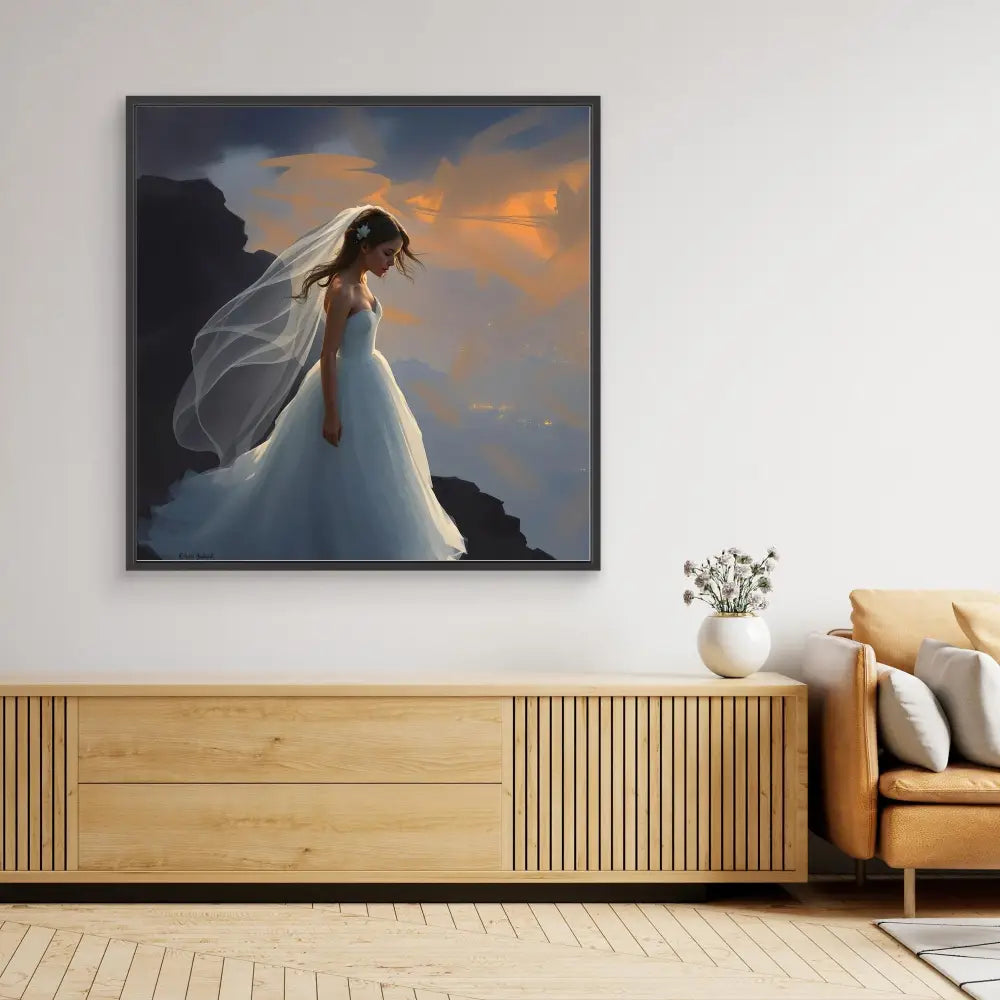 A framed artwork of a bride in a flowing white dress with a billowing veil against a dramatic sky.