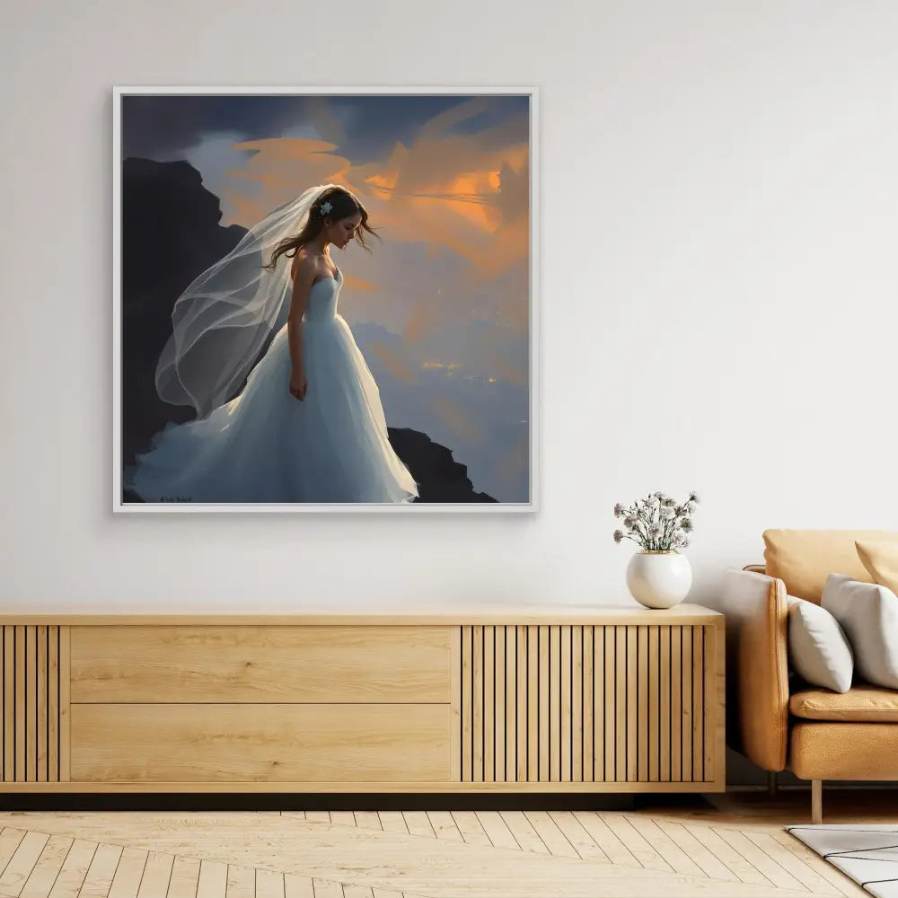 A framed artwork of a bride in a flowing white dress with a billowing veil against a dramatic sky.