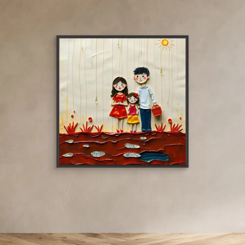 A framed artwork depicting cartoon-style figures standing among red flowers and fish.