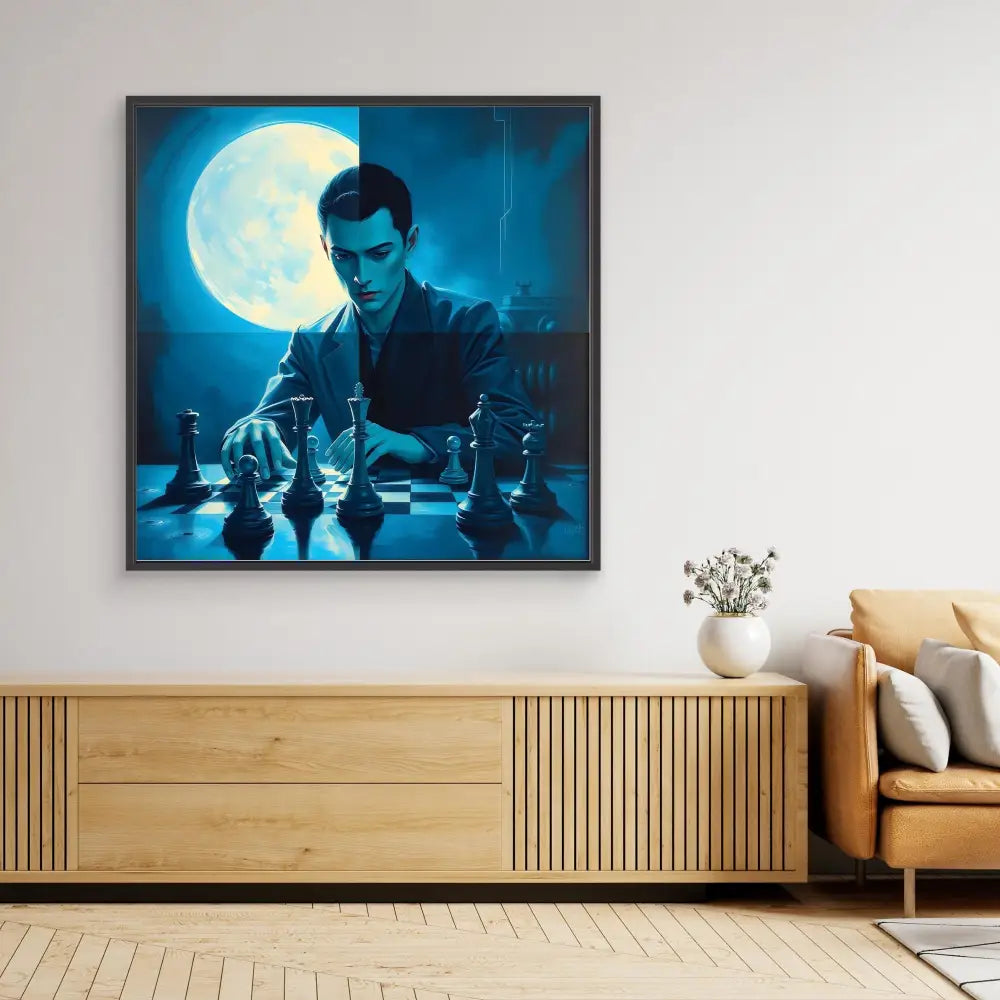 A framed artwork showing a chess player contemplating moves under a full moon.