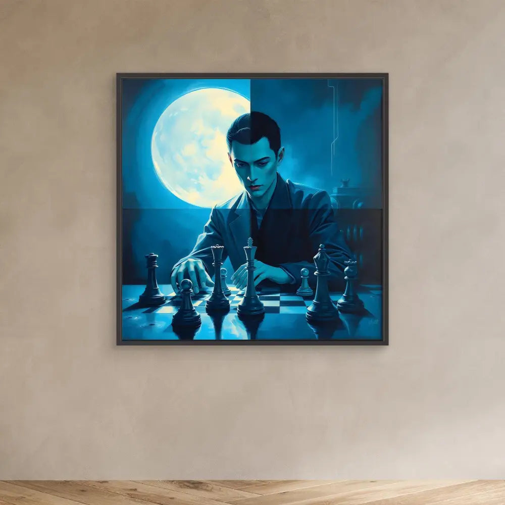 A framed artwork depicting a chess player contemplating their next move under moonlight.