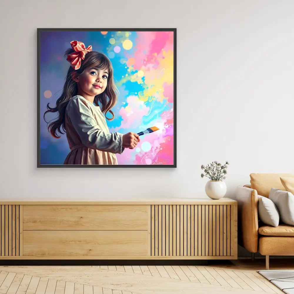 A framed artwork depicting a child creating colorful magical effects with a wand.