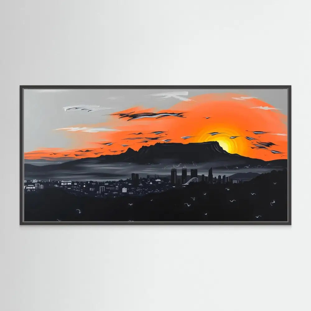 Framed artwork depicting a city skyline silhouetted against a vibrant orange and yellow sunset.