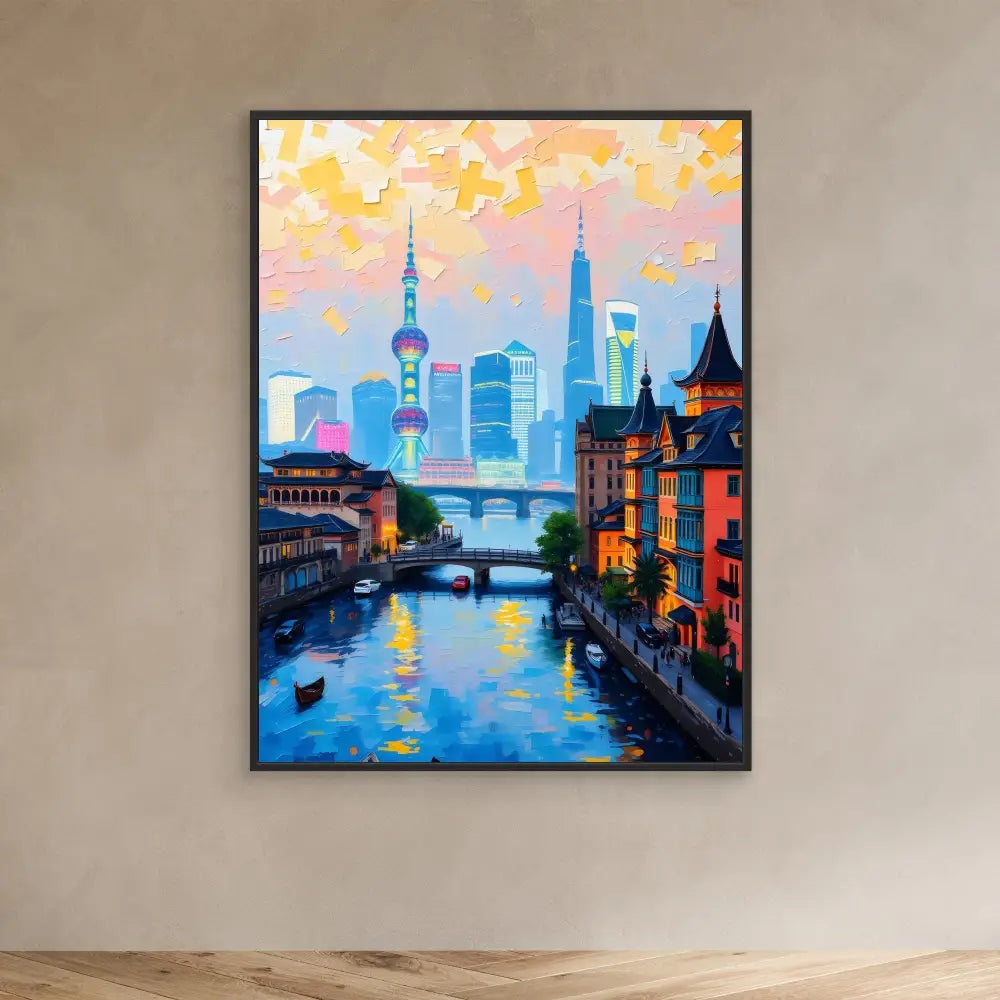 Framed artwork depicting a cityscape with a canal at sunset featuring modern skyscrapers and historic buildings.