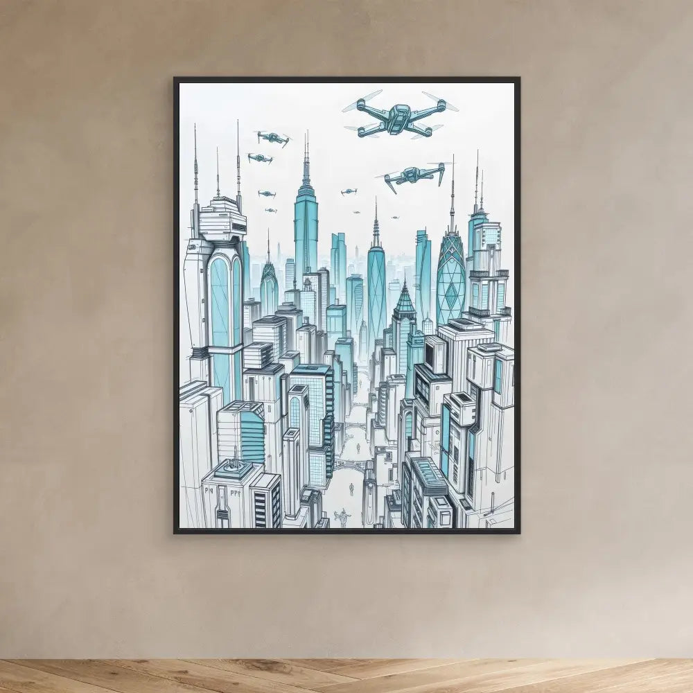 Framed artwork depicting a cityscape with flying drones in blue and gray tones.