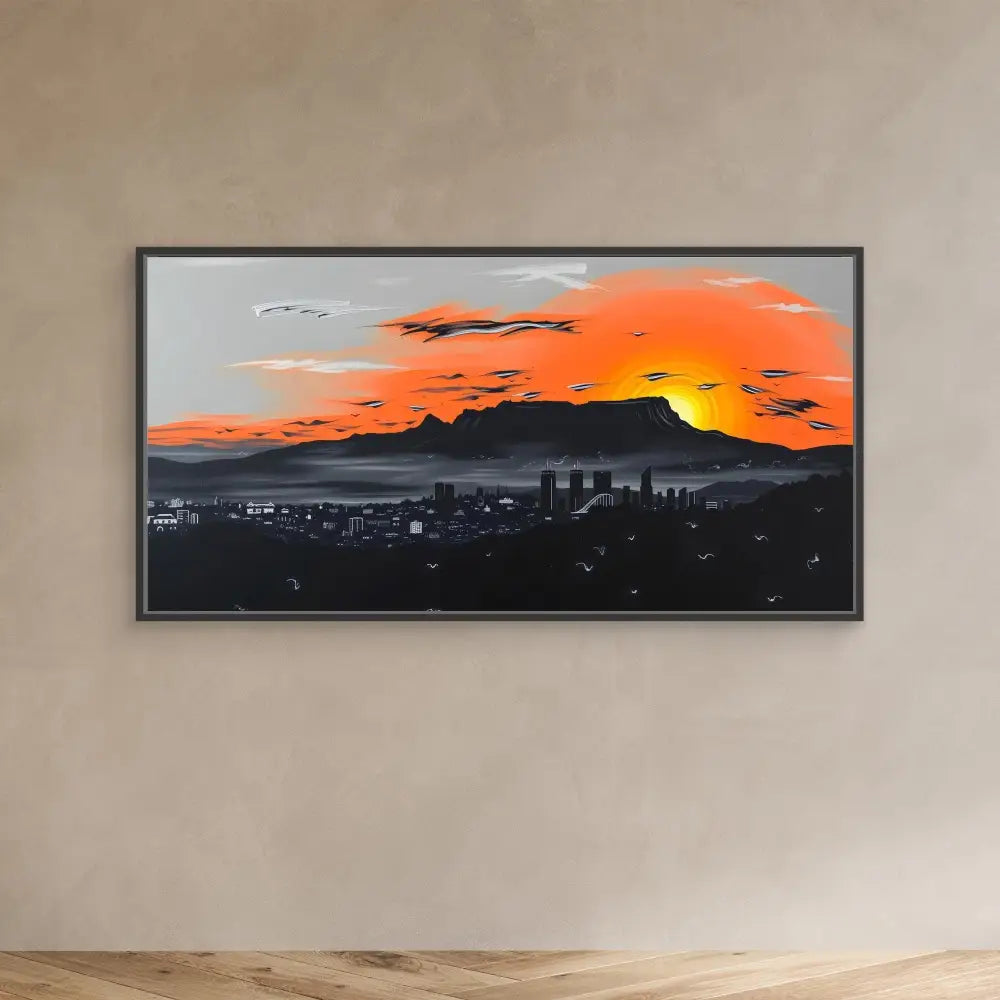 Framed artwork depicting a cityscape silhouette against a vibrant orange sunset sky.