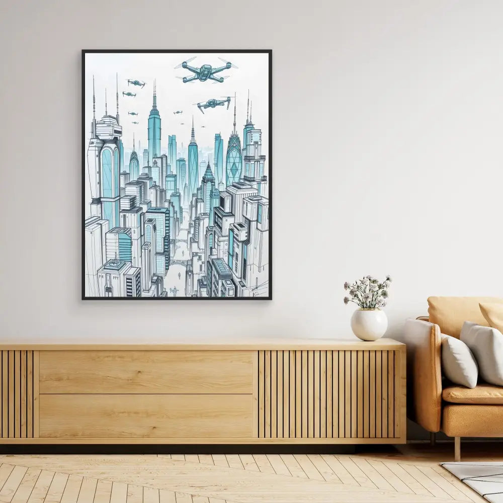 Framed artwork depicting a cityscape with flying vehicles above skyscrapers in blue and black tones.