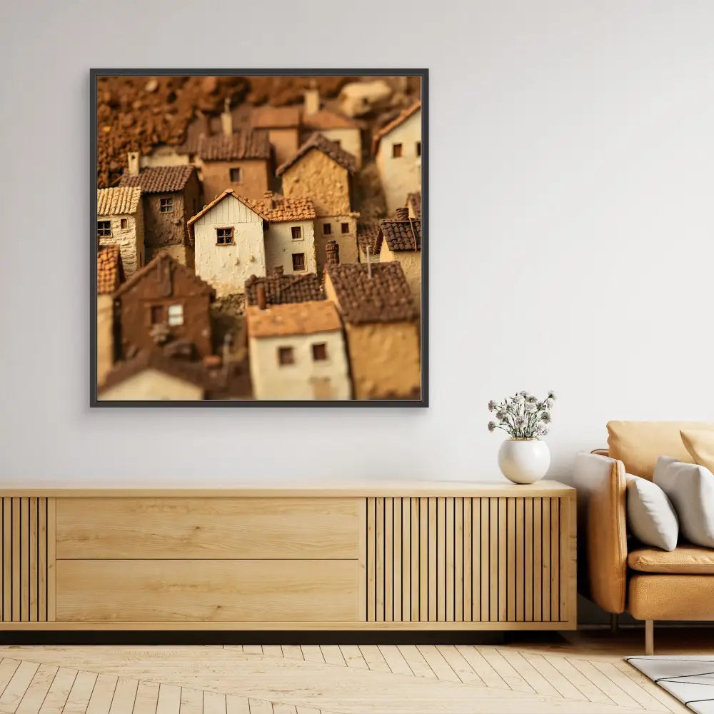 Framed artwork showing clustered Mediterranean-style houses with terracotta rooftops.