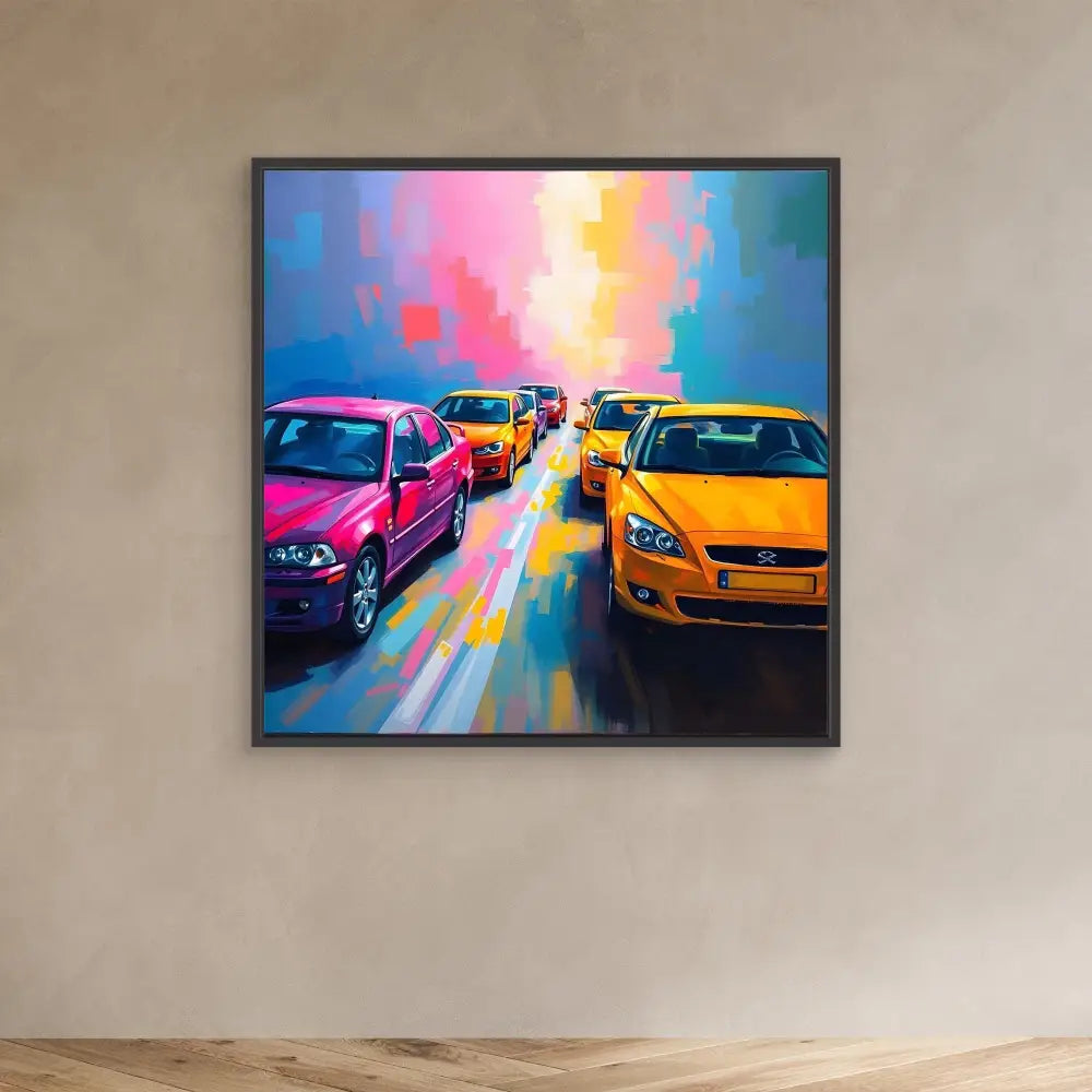 Framed artwork depicting colorful cars on a road with vibrant sky colors.