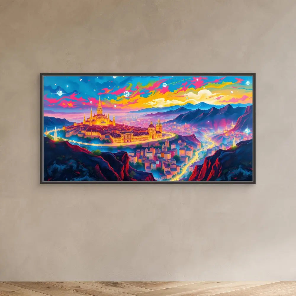 Framed artwork depicting a colorful fantasy cityscape with mountains at sunset.