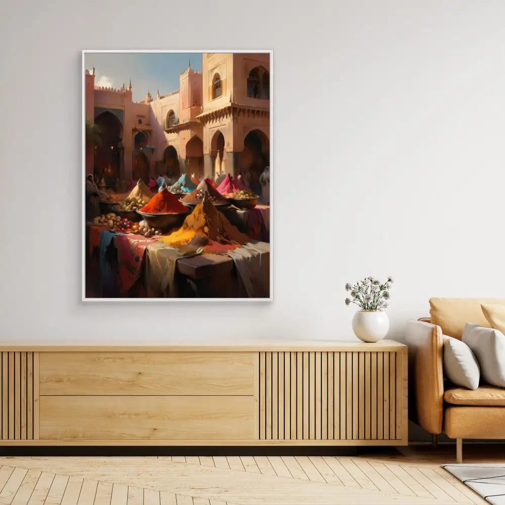 A framed artwork depicting a colorful Middle Eastern marketplace with spices and textiles.