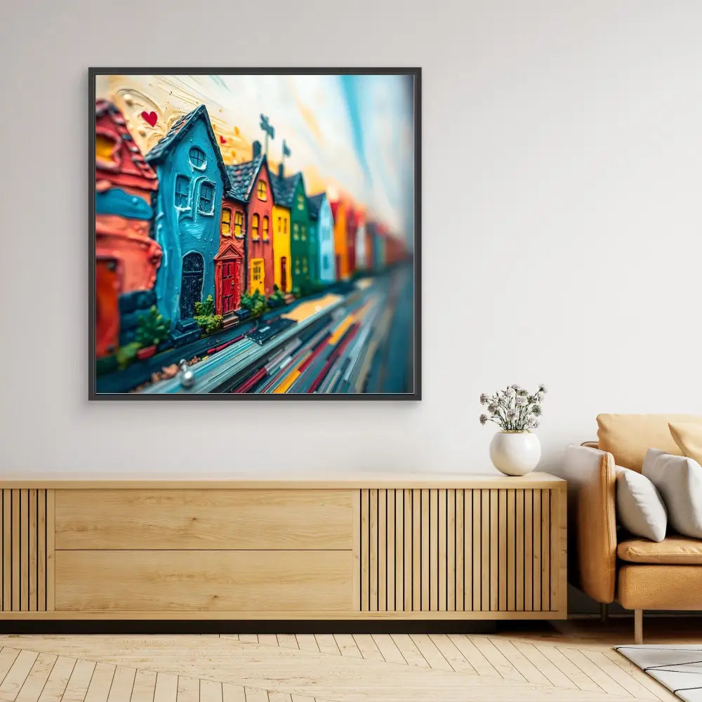 Framed artwork depicting colorful row houses along a street.