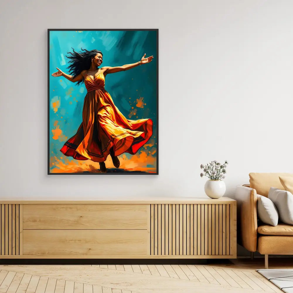 A framed artwork depicting a dancer in a flowing orange-red dress against a turquoise background.