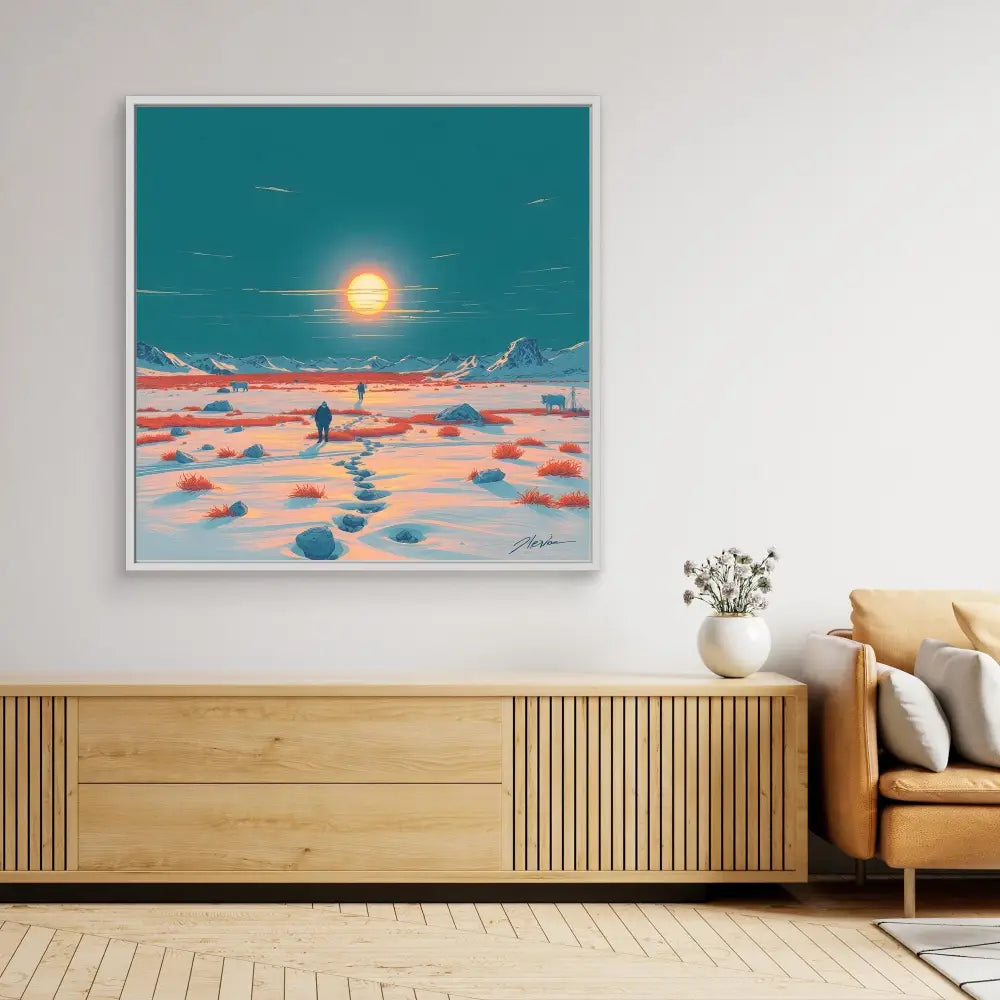 Framed artwork depicting a desert landscape with a bright sun and distant figures.