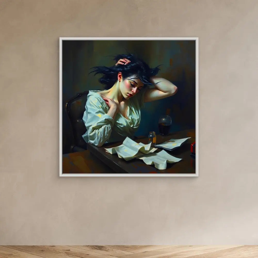 A framed artwork depicting someone writing or reading at a desk with scattered papers.