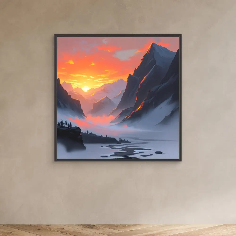 Framed artwork depicting a dramatic mountain landscape at sunset with misty valleys and silhouetted trees.