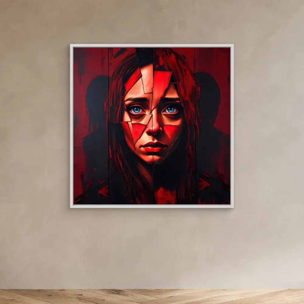 Framed artwork featuring a dramatic red geometric portrait with piercing blue eyes.