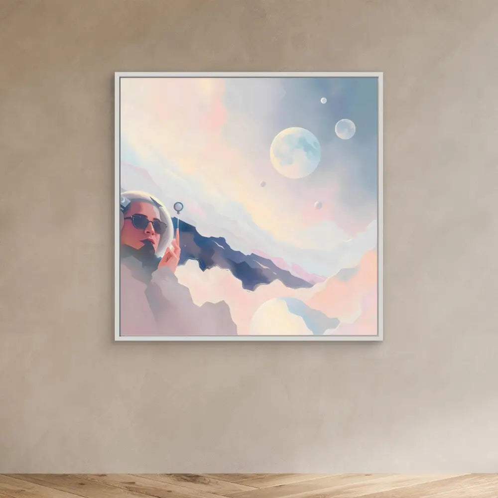 Framed artwork depicting a dreamy mountain landscape with multiple moons in a pastel sky.