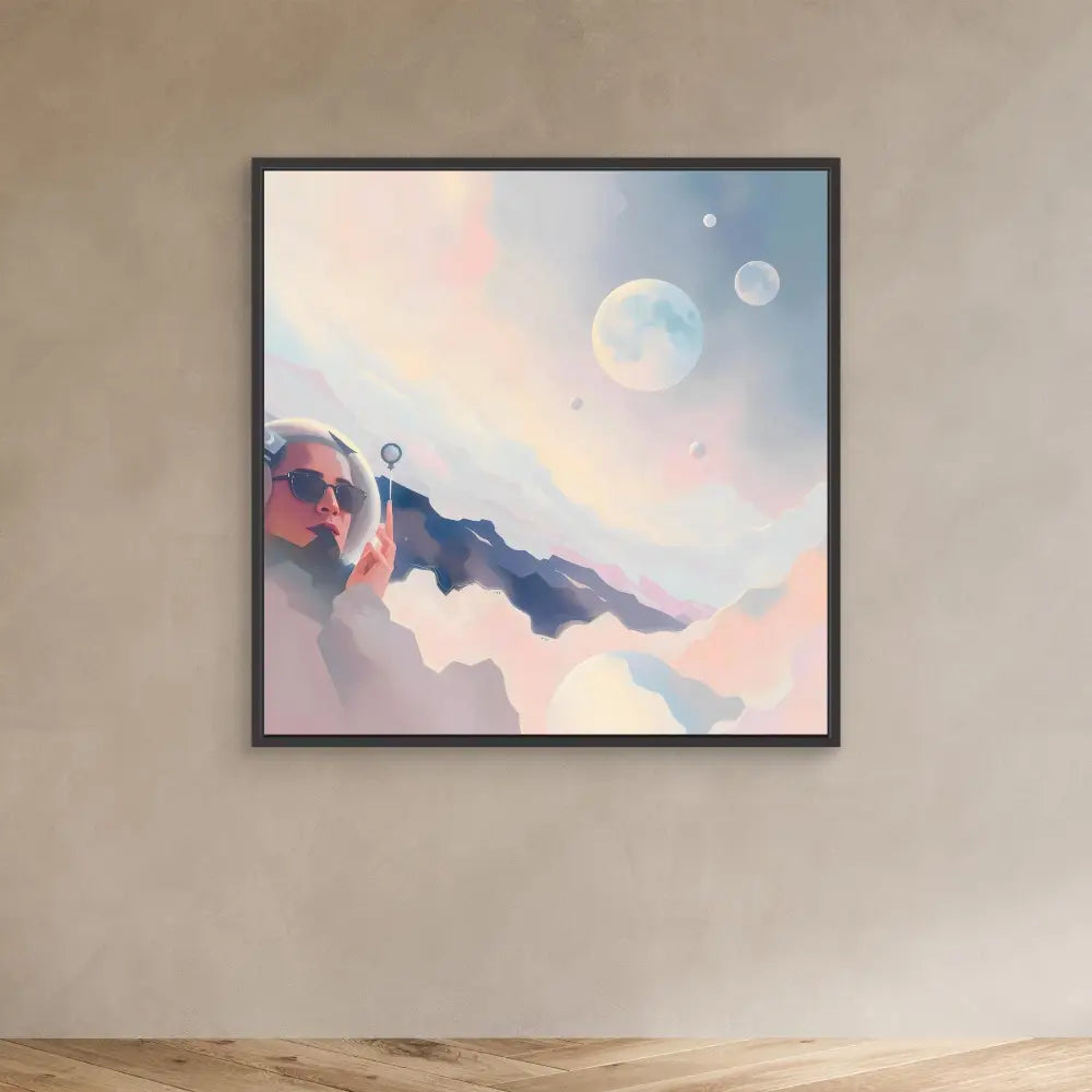 Framed artwork depicting a dreamy mountain landscape with multiple moons in a pastel sky.