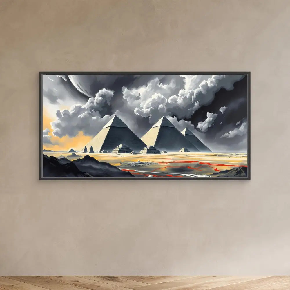 Framed artwork depicting Egyptian pyramids under dramatic stormy skies.