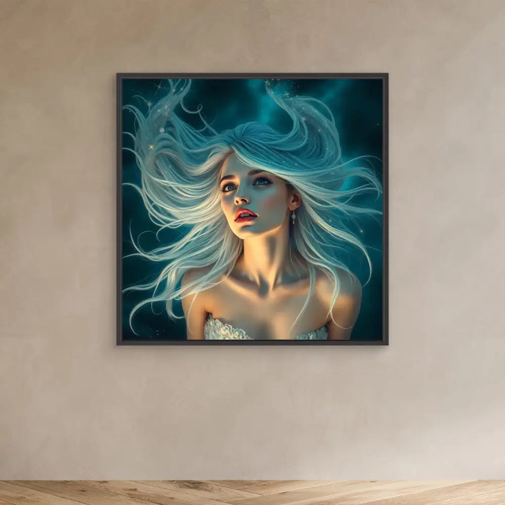 Framed artwork depicting ethereal figure with flowing turquoise hair against a dark background.