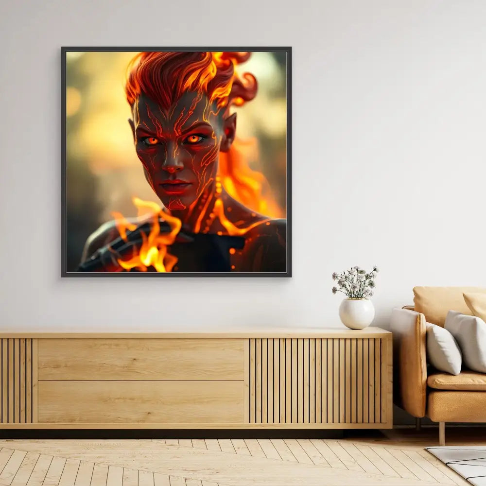 A framed artwork depicting a fiery supernatural being with glowing eyes and flame-like features.