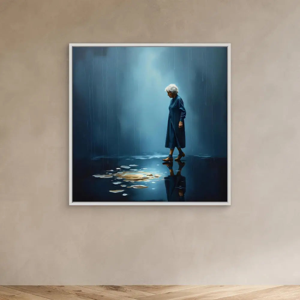 A framed artwork showing a figure in a blue coat standing in dramatic lighting.