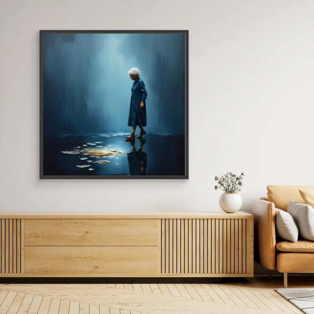 A framed artwork showing a figure in a blue coat standing among scattered autumn leaves on a reflective surface.