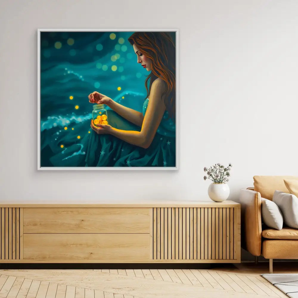 A framed artwork featuring a figure in a blue dress holding a glowing jar amidst floating lights.