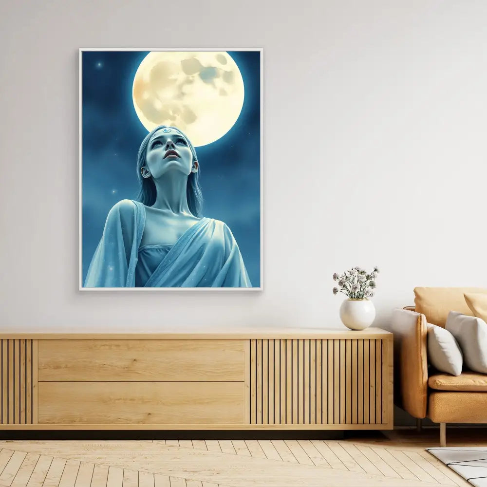 A framed artwork depicting a figure in flowing robes gazing upward at a full moon.