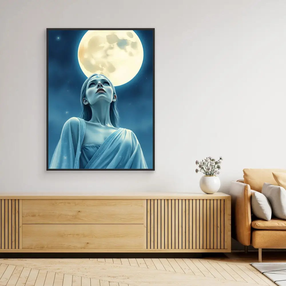 A framed artwork depicting a figure in flowing robes gazing upward at a full moon.