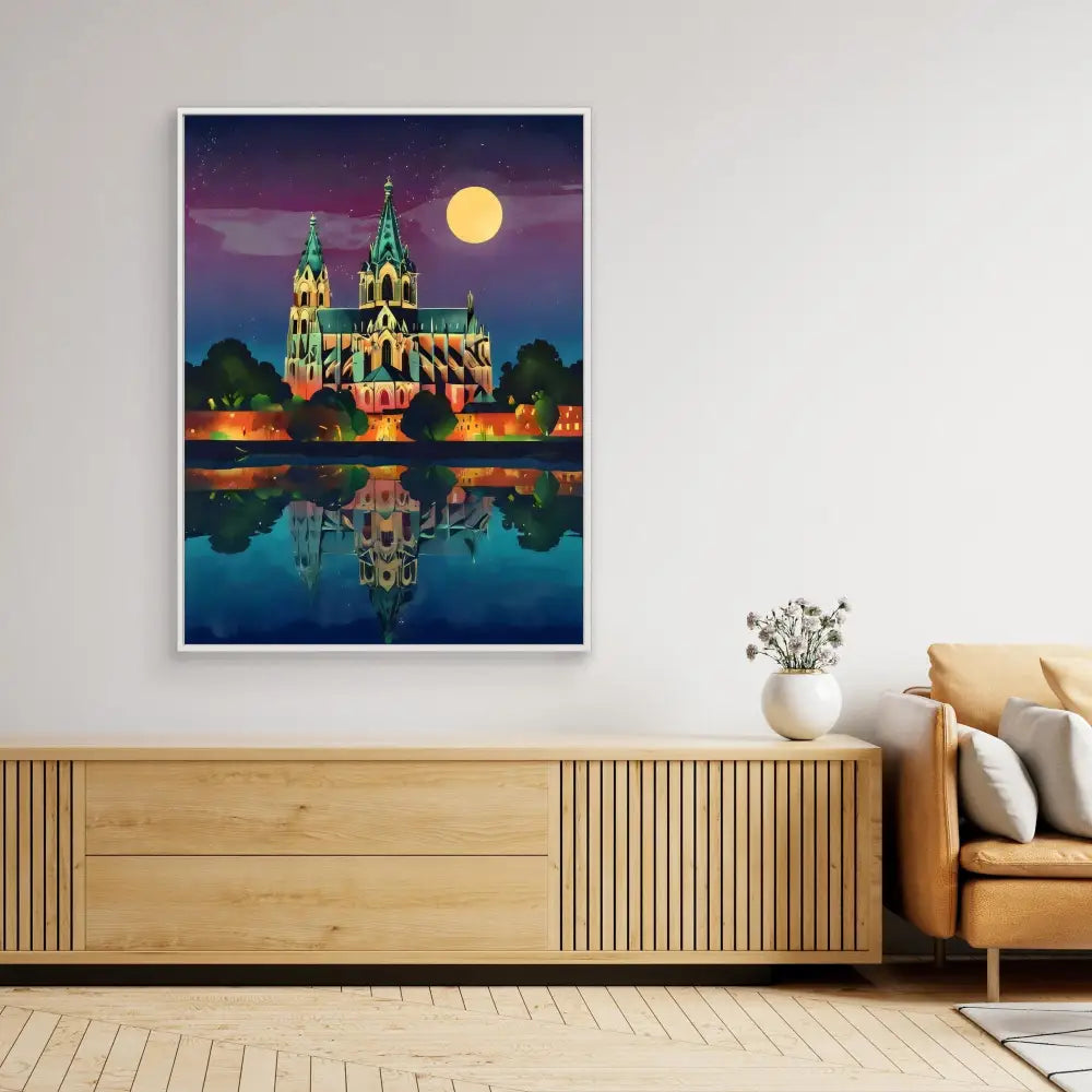 A framed artwork of a Gothic cathedral illuminated at night with its reflection in water below.