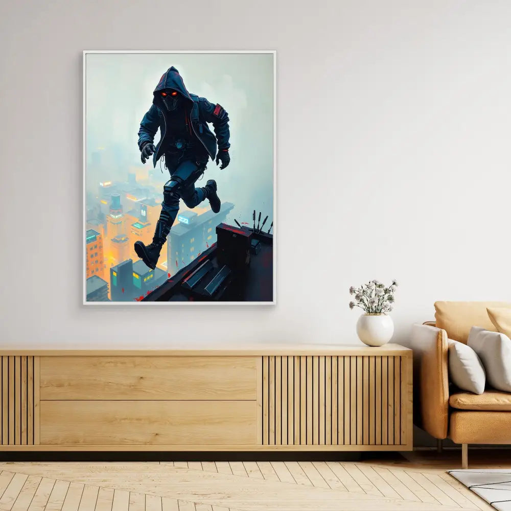 A framed artwork showing a hooded figure running across a rooftop.