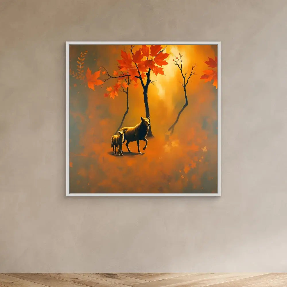 A framed artwork depicting a horse silhouette beneath autumn trees.