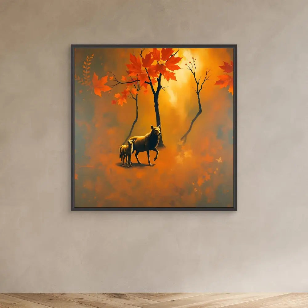 A framed artwork depicting a horse silhouetted against an orange sky.