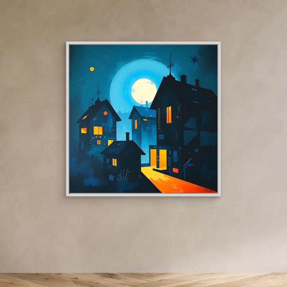 A framed artwork depicting houses silhouetted against a bright full moon at night.