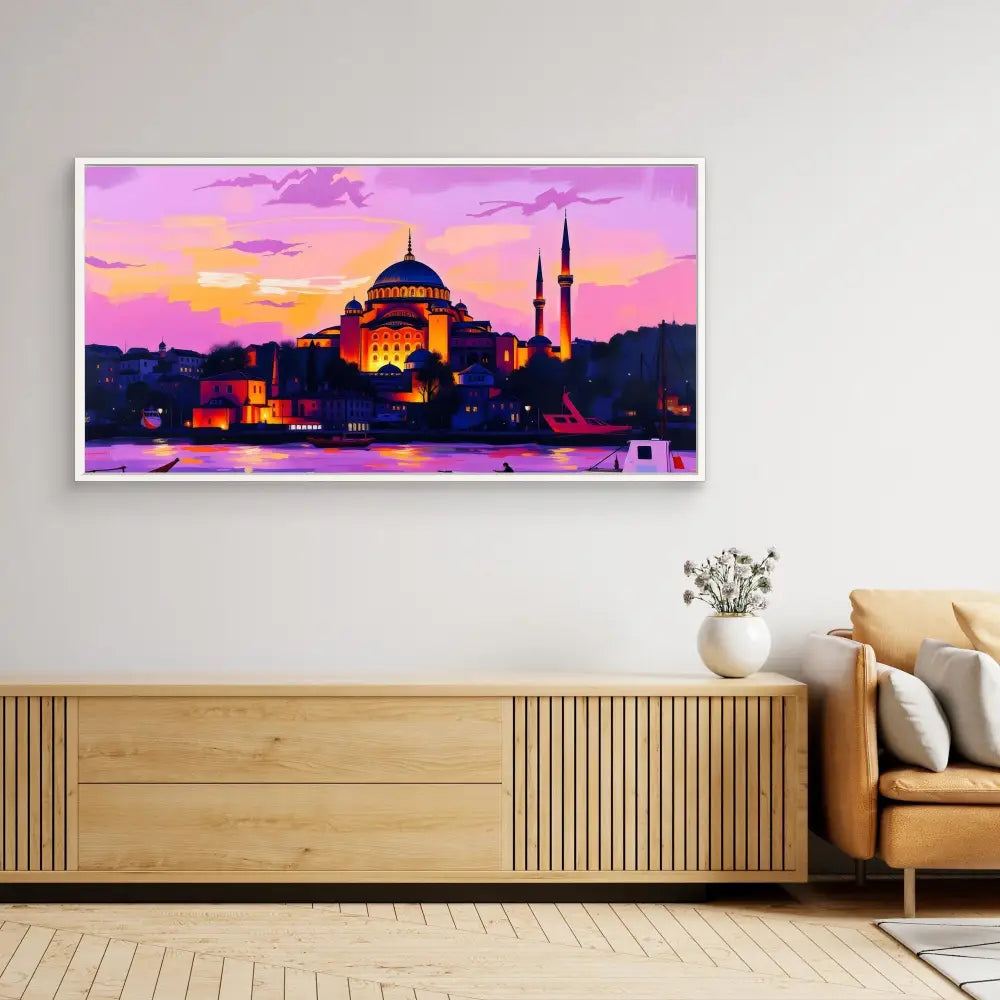 A framed artwork depicting Istanbul’s Hagia Sophia mosque against a purple-pink sunset sky.