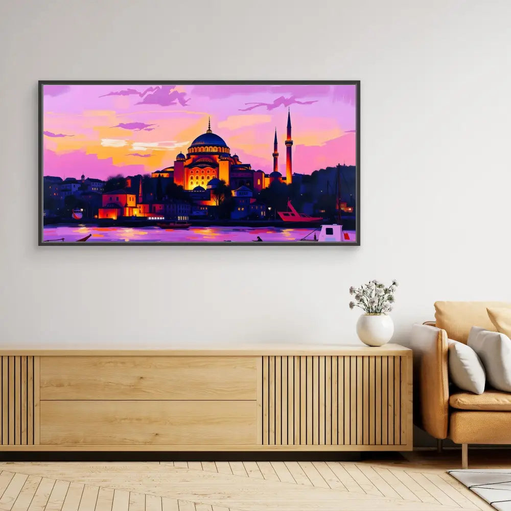 A framed artwork depicting Istanbul’s Hagia Sophia mosque against a purple-pink sunset sky.