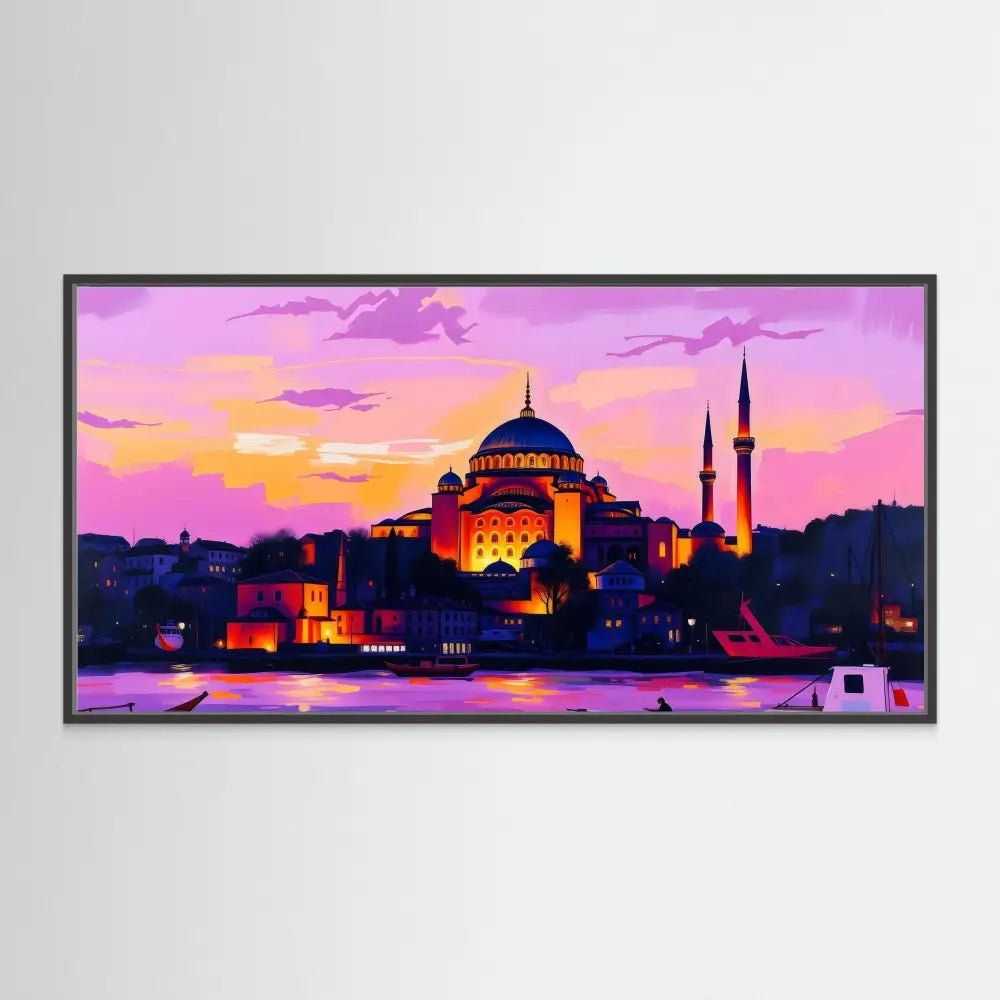 A framed artwork depicting Istanbul’s Hagia Sophia mosque at sunset with vibrant purple and orange hues.