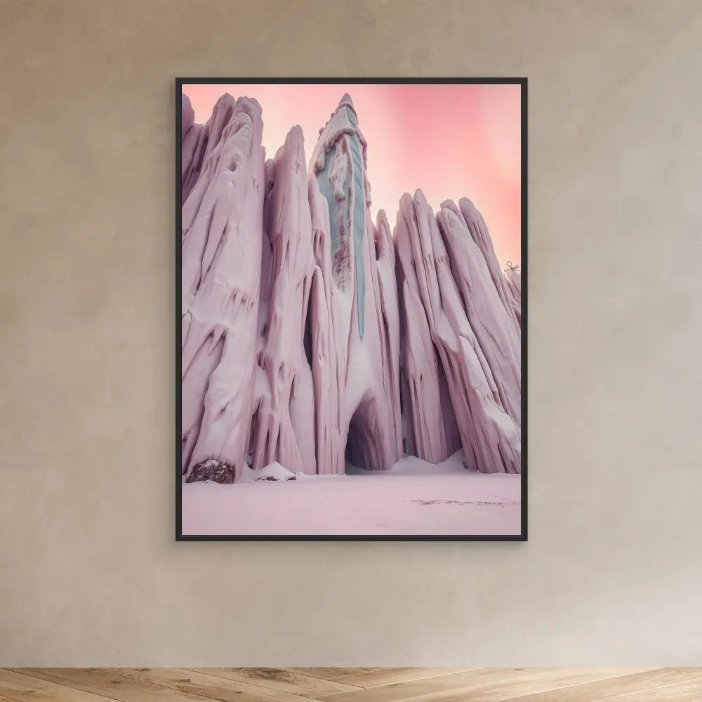 A framed artwork depicting jagged rock formations against a pink sky.