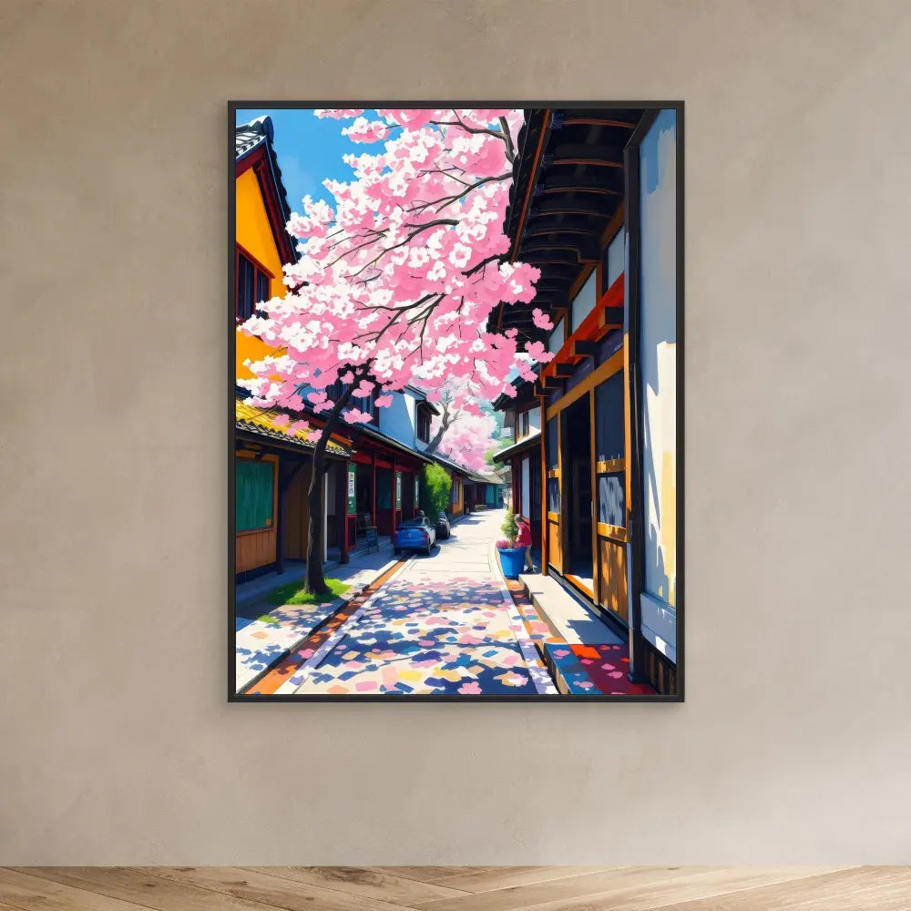 Framed artwork depicting a Japanese street with blooming cherry blossoms overhead.